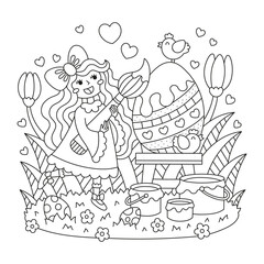 Cute happy girl painting big ornate egg. Cheerful easter drawing. Flowers, paints, birds. Spring nature. Coloring page for kids. Cartoon vector illustration. Isolated on white. Outlined artwork