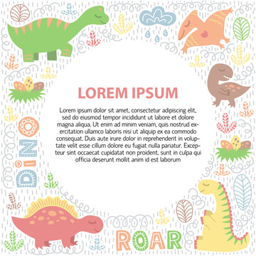 Childish border with drawings. Cute little dino. Template for text, photo. Vector illustration