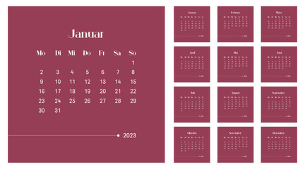 2023 calendar vector design template, simple and clean design. Calendar in German. The week starts on Monday.