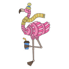 Pink flamingo in winter. Bird wearing hat and cozy scarf. Coffee to go. Isolated on white. Cute cartoon vector illustration