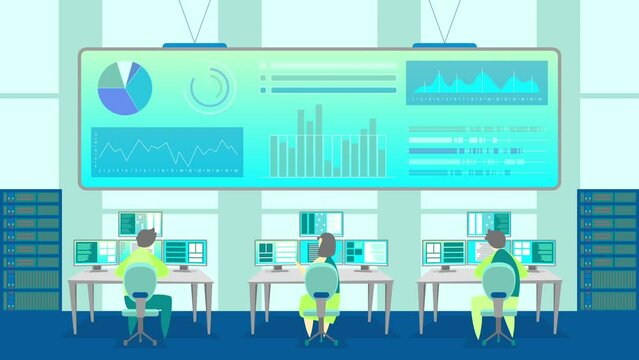 Cartoon Color Characters People and Surveilalance and Control Centre Interior Inside Concept Flat Design Style. Animation Effect Illustration