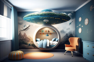 Children's bedroom in UFO style. The interior of a child's room transformed into a creative space-themed wonderland. Kid bed stylized as a flying saucer and an armchair nearby. Generative Ai.