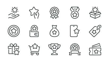 Bonus, reward, loyalty, benefit and prize related pixel perfect outline icons set vector illustration.