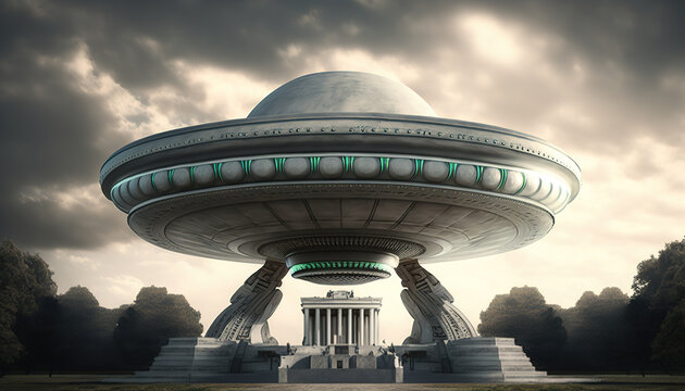 The UFO flying saucer monument in front of a white building with columns in the park. Fantasy image of the future for World UFO Day. Sci-fi scene with dramatic light. Generative Ai.