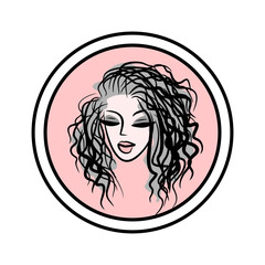 Hairstyle sketch. Barber woman emblem. Beauty salon logo. Beautiful long curly hair. Lady face icon.
