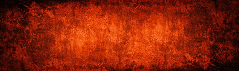 Cracked fiery red wall wide texture. Dark gloomy grunge abstract background