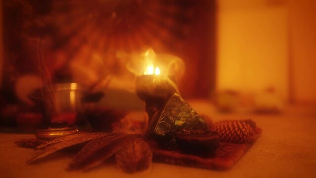 Cacao ceremony space, heart opening medicine. Burning incense at the altar with a labradorite.