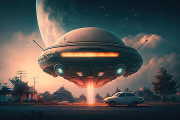 Fototapeta na wymiar A UFO flying saucer hovers on a track in a wooded area and farm. An unidentified flying object flies next to a retro car driving along the road. Sci-fi illustration. Generative Ai.