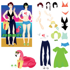 A girl creating an avatar with different parts of hair isolated on a white background. Vector cartoon set of clothes, accessories for the beach. 