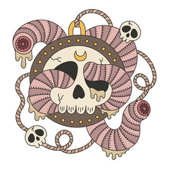 Scary witch amulet with slimy creepy worms. Dark magic medalion decorated with skull. Esoteric element for sorcery. Fantasy cartoon vector illustration. Isolated on white