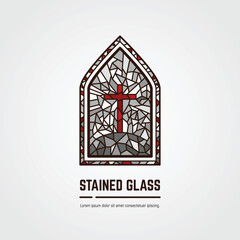 Monochrome stained glass window. Logo, emblem or icon with text. Cross on the hill. Thick line style flat style linear vector. Architecture, religious or gallery. Gray, white and red glass window.