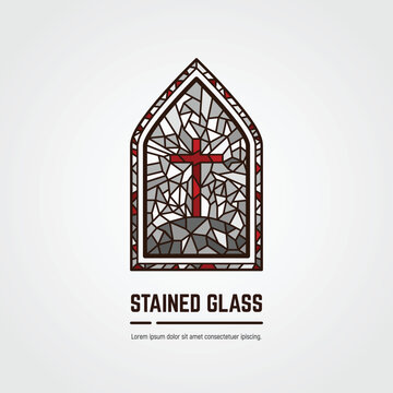 Monochrome stained glass window. Logo, emblem or icon with text. Cross on the hill. Thick line style flat style linear vector. Architecture, religious or gallery. Gray, white and red glass window.