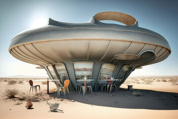 An old-school UFO cafe in the heart of the desert. An alien-themed cafe in the shape of a UFO Flying saucer beckons believers of the unknown. Sci-Fi scene. Generative Ai.