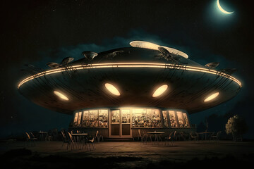 Fototapeta na wymiar A quirky and unique UFO cafe in the desert, complete with illuminated retro decor. Night Ufo cafe for true believers. Sci-Fi scene on a moonlit night. Generative Ai.
