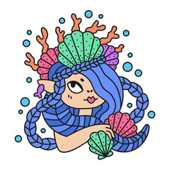 Cute mermaid with blue hair. Little sea princess wearing crown made with scallop and coral. Colorful summer girl portrait. Cartoon vector illustration. Isolated on white