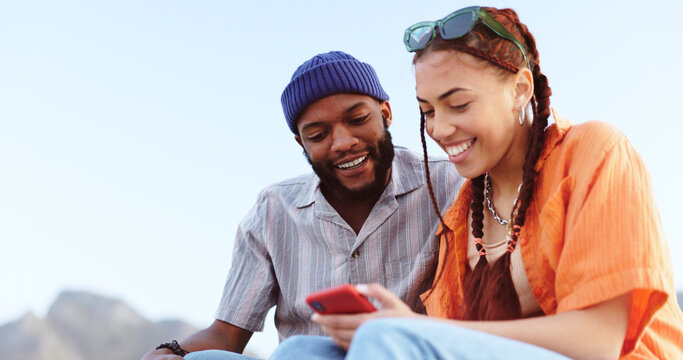 Couple, Diversity Love And Phone In Nature, Outdoors Or Outside On Holiday, Vacation Or Trip. Happy, Smile And Man, Woman And 5g Mobile App, Social Media Or Web Surfing Online On Tech While Talking.