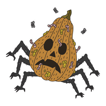 Halloween monster. Alive rotten pumpkin with many hands. Spooky zombie vecgetable with legs. Dead rooten pumpkin eaten by worms. Vector cartoon illustration