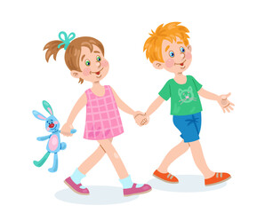 Little boy and happy girl are walking hand in hand. In cartoon style. Isolated on white background. Vector illustration.