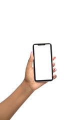 Female hand showing and holding a  blank touchscreen of smartphone