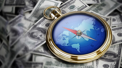 Direction of the money concept with compass on dollar pile. 3D illustration