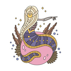 Fortune teller mermaid. Cute skeletone moon creature. Pink magic ball. Mystery girl with bone hand. Underwater princess. Dark fairytale creature. Sea oracle. Cartoon vector illustration for kids