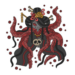 Evil oriental witch with japanese hairestyle. Asian octopus mermaid with red tentacles. Black magic wizard girl. Scary dark fantasy marine poster. Funny cartoon vector illustration. Isolated on white