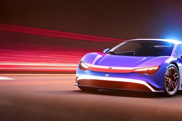 Plakat Lights Of Cars With Night. Speeding Sports Car On Neon Highway. Powerful Acceleration Of A Supercar On A Night Track With Colorful Lights And Trails. Generative AI