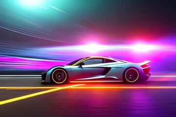 Lights Of Cars With Night. Speeding Sports Car On Neon Highway. Powerful Acceleration Of A Supercar On A Night Track With Colorful Lights And Trails. Generative AI