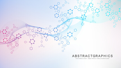 Modern science background with lines, dots and hexagons. Wave flow abstract background. Molecular structure for medical, technology, chemistry, science. Vector illustration