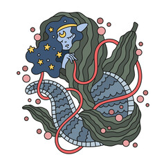 Moon mermaid sleeping. Night princess using seaweed blanket. Blue hair girl and stars. Peaceful dream. Fairytale cute poster for kids. Cartoon vector illustration. Isolated on white