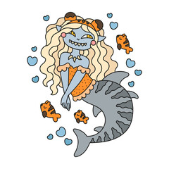 Adorable little striped shark mermaid. Cute tiger fish. Beautiful blonde girl with tiger ears. Young sea princess. Fairytale poster and print for kids. Cartoon vector illustration. Isolated on white
