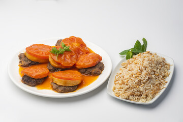 kefta with tomato and rice, Kebab with rice and tomato 

