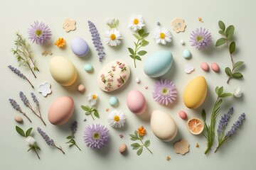 Fototapeta na wymiar Easter eggs and flowers arrangement on a background, top view, Generative AI