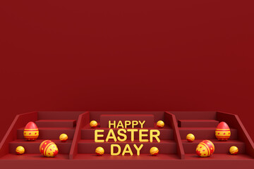 A colorful Easter eggs on red background. Happy Easter day concept. 3D illustration