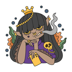 Bad girl smokin cigarette. Glamour mermaid princess. Fashion costume with crown and gold skull. Social media model. Portrait of brunete woman. Nicotine addicted female. Isolated vector illustration
