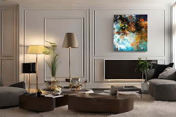 Splendid Home Interior With A Modern Style And Beautiful Abstract Painting On The Wall. Stylish Home Decoration. Living Room With Single Painting On The Wall. Digital Art . Generative AI