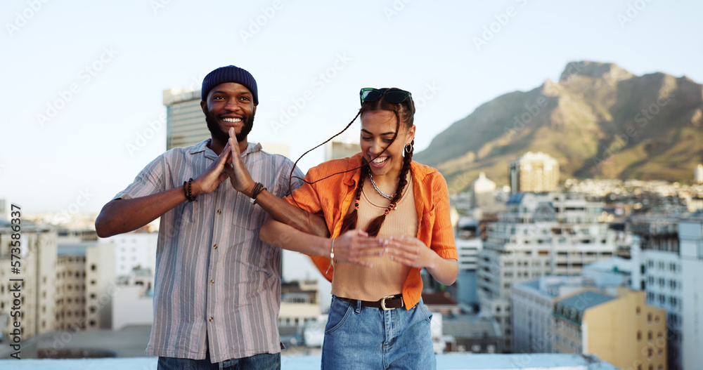 Sticker african friends, dance and love smile laughing fun together on city building rooftop. black american