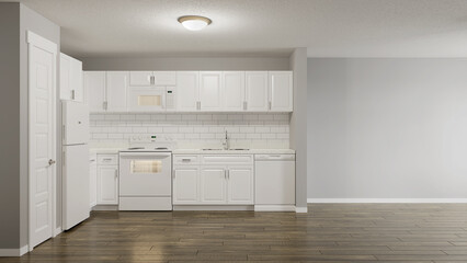 kitchen and living room white appliances  in empty room concept render  