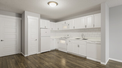 kitchen and living room white appliances  in empty room concept render  