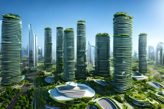 Sustainable Green City With Futuristic Office Building And Architecture . Sublime Image . Generative AI