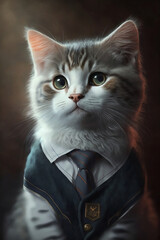 Portrait of cat dressed in a formal business suit. Generative AI