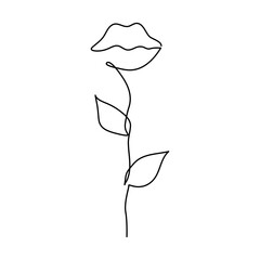 women's lips of different shapes. One line drawing of abstract female lips, flower. Modern one-line art