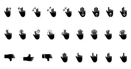 Black & White touch screen gestures icons set on transparent background.

