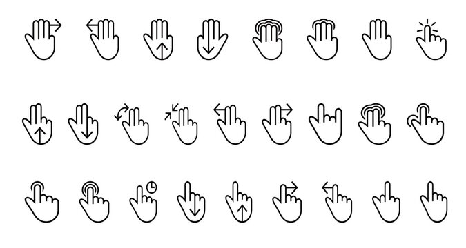 Black & White touch screen gestures icons set on transparent background.
