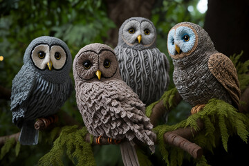 Knitted Owls in Rainforest. Generative AI