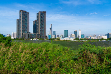 Fototapeta premium Beautiful morning in Ho Chi Minh City, one of the most developed cities in Vietnam. With many famous buildings and towers such as Bitexco, Landmark 81,....