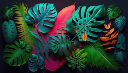 Creative fluorescent colorful layout made of tropical leaves in vibrant bold gradient holographic colors. Nature concept on the dark blue background. Top view, isolated. 