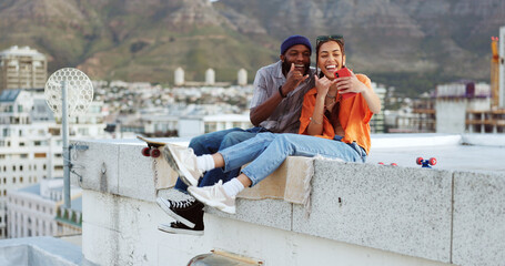 Selfie, city and interracial couple with smile on a wall during holiday in Morocco for adventure....