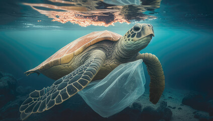 Fototapeta na wymiar Large sea turtle caretta caretta stuck in a plastic bag floating, trash in the water in the ocean and on the bottom, eco problems. generative AI