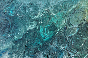 Plakat abstract blue green epoxy resin fluid art textural background with paint spots, strokes